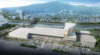 外観透視図―左からイベント・展示ホール、コンベンションホール・会議室、ホテル(三角の建物)。右奥がその他民間収益施設、手前が駐車場棟。 外観透視図―左からイベント・展示ホール、コンベンションホール・会議室、ホテル(三角の建物)。右奥がその他民間収益施設、手前が駐車場棟。