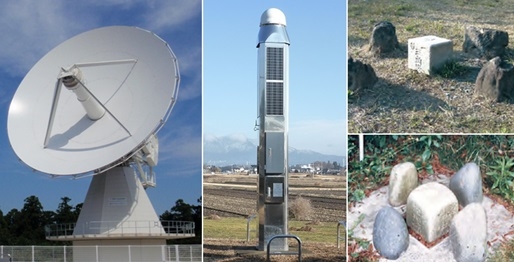 石岡測地観測局のVLBIアンテナ(左)、電子基準点(中央)、三角点(右上)、水準点(右下) 石岡測地観測局のVLBIアンテナ(左)、電子基準点(中央)、三角点(右上)、水準点(右下)